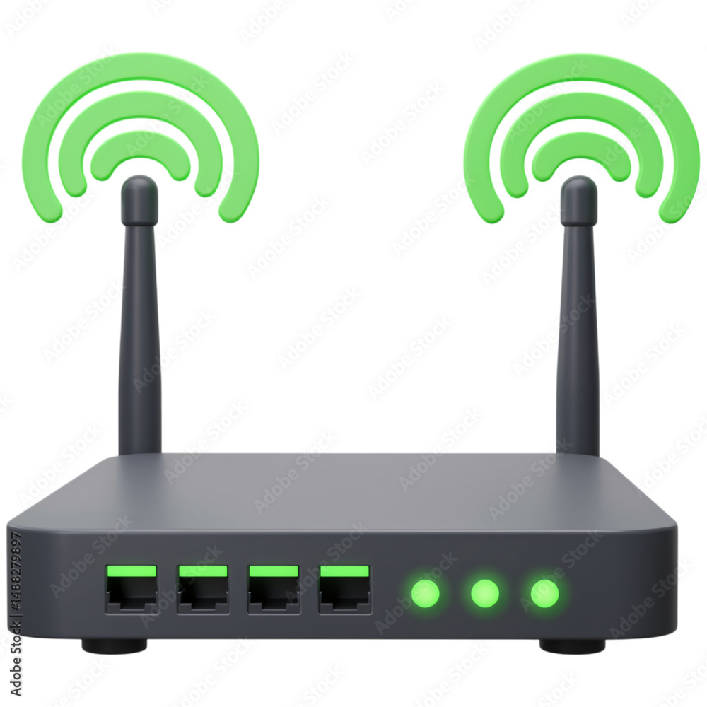 Poster gray wireless router with green signal indicators isolated on a transparent background
