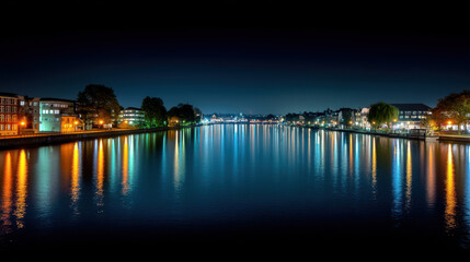 City lights reflect beautifully in the calm river at night, creating a stunning and serene urban landscape at twilight after the sun set, so peaceful.