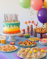 Colorful birthday party with a cake and balloons