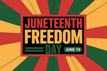 Juneteenth freedom day graphic with red yellow and green rays and black background box