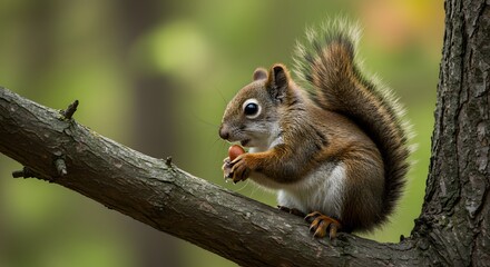 Fototapeta premium Adorable squirrel eating nut on tree branch wildlife photography outdoor nature scene animal portrait close up view on transparent background