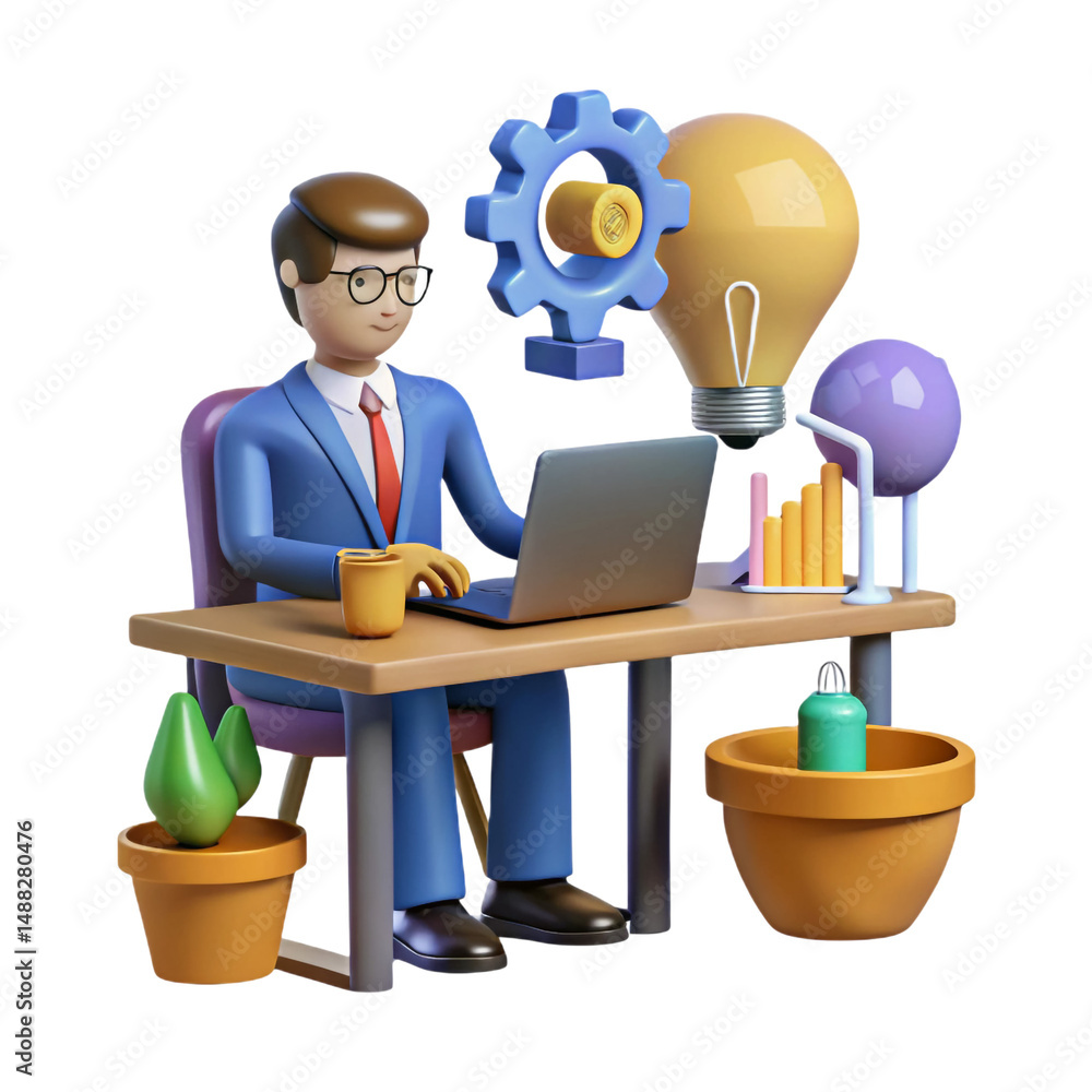 Poster envisioning innovative solutions with a 3d animated professional set on digital productivity with a 