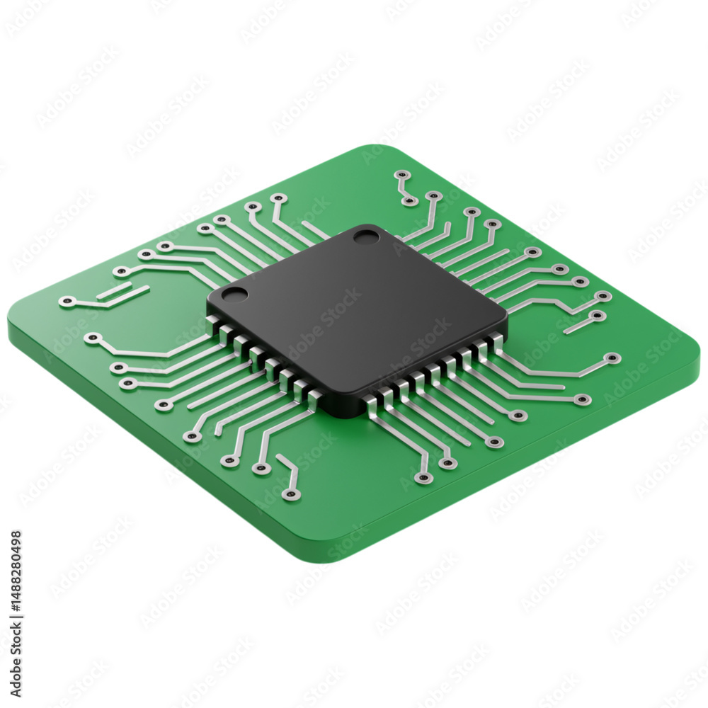 Aufkleber isometric view of a microchip on a green circuit board isolated on a transparent background
