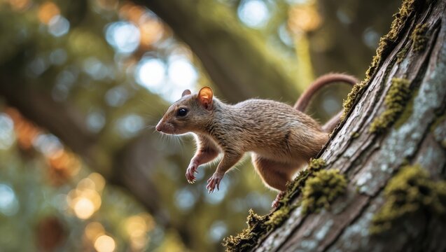 Zoomed-in view of a common treeshrew ascending a tree trunk upside down. Treeshrews are akin to squirrels.