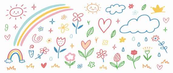 Hand-drawn Cute Rainbow, Flowers, and Hearts Clipart