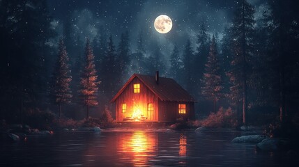 Cozy cabin glows in a starlit forest by a lake
