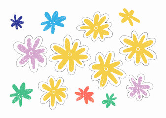 Colorful Hand-Drawn Flower Stickers, Cute Floral Design Elements