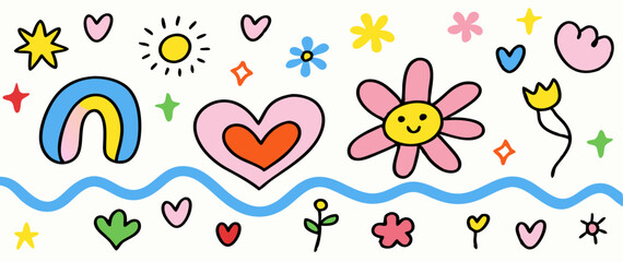Cute Hand Drawn Rainbow, Flowers, Hearts, and Stars Illustration