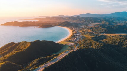 Aerial View of a Winding Coastline Cliff at Sunset
