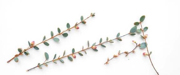 Simple eucalyptus sprigs arranged on white, copy space , greenery,  aromatherapy