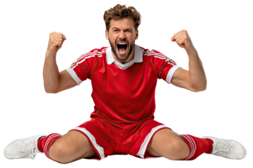 Triumphant Soccer Fan: A passionate soccer fan explodes with elation, celebrating a thrilling victory by clenching fists and shouting in an expression of pure joy. 