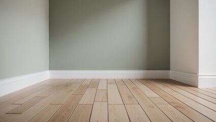 Naklejka premium Stylish interior space showcasing white baseboard trim and wood-patterned tiles on a matte wall