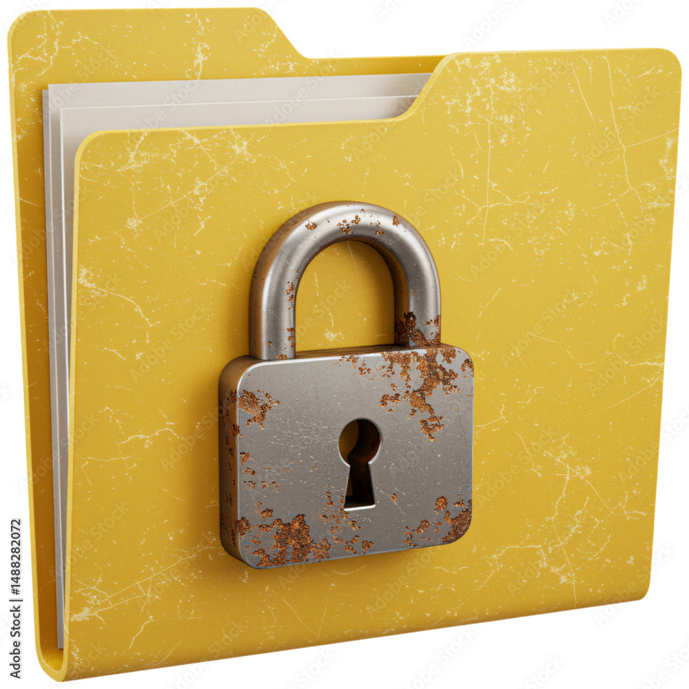 Poster yellow folder with a rusty padlock isolated on a transparent background