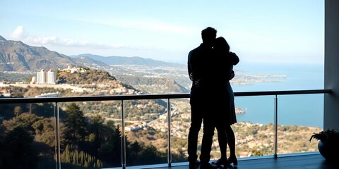 Silhouette of two figures embracing on a modern balcony overlooking a scenic vista,  sky,  idyllic