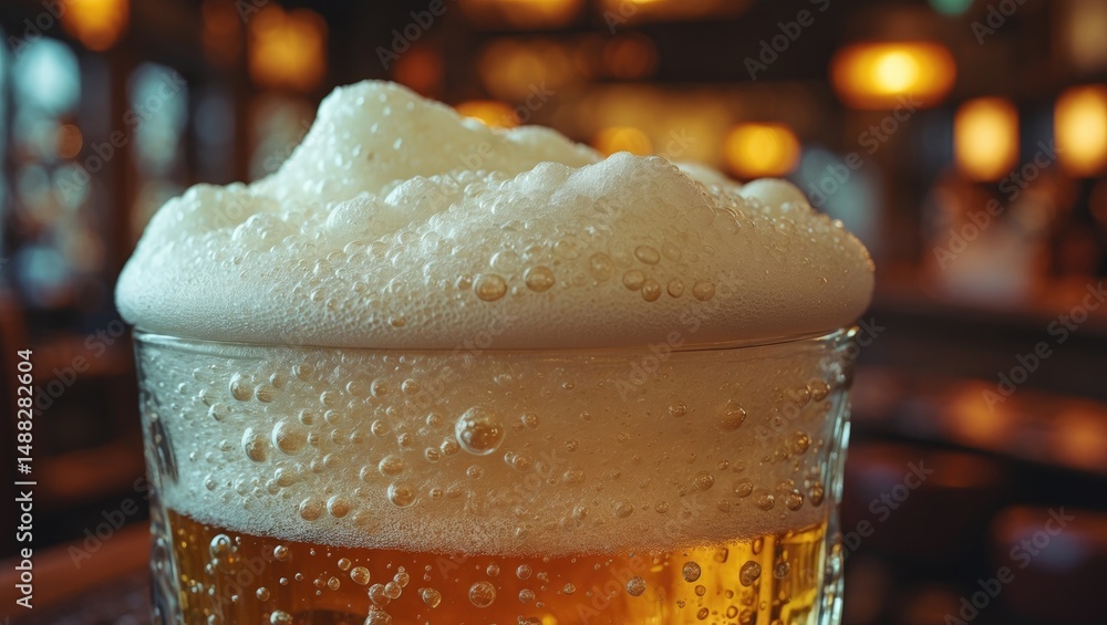 Poster macro shot capturing the foam and bubbles in a freshly brewed lager