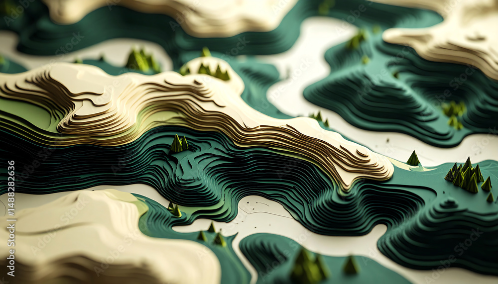 Poster a topographic representation with layered textures, showcasing hills, valleys, and trees in a vibran