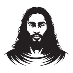 Black Jesus Christ with flowing hair and beard, Vector black silhouette. with white background