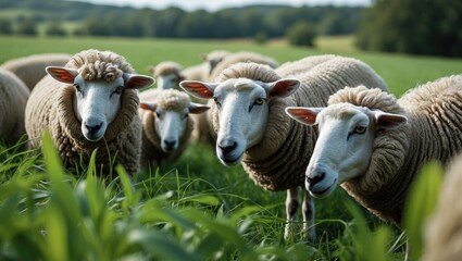 Fototapeta premium Unshorn sheep in a pasture eating grass.