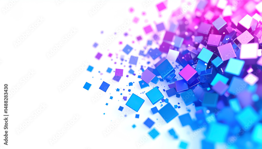 Poster colorful 3d cubes scatter dynamically against a bright background, creating a vibrant, abstract visu