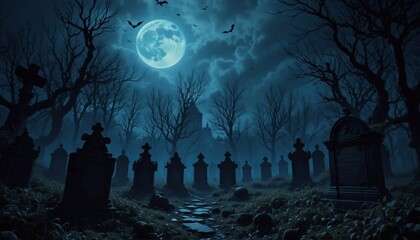 Full Moon and haunted night in scary night with some bats flying in the sky over the old cemetery.