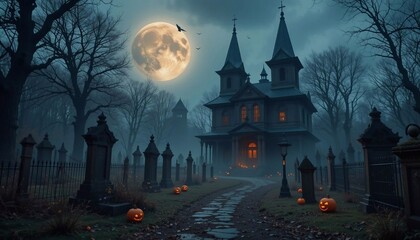 Spooky Halloween scene with a large, ominous mansion in the background. A full moon illuminates the scene, casting a soft glow on the mansion and surrounding graveyard. 