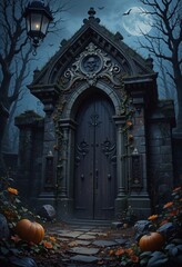 A dark and atmospheric image depicts the entrance to a stone crypt, adorned with a skull motif above the arched doorway. 