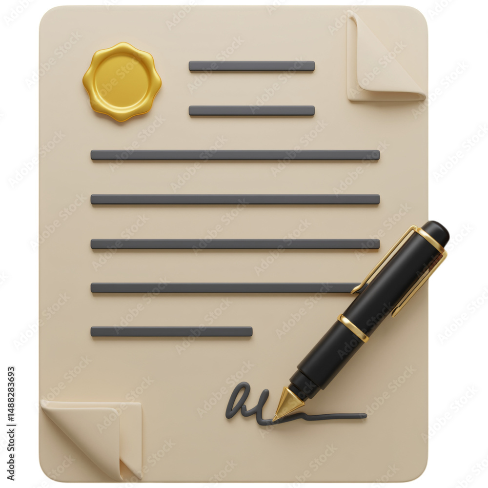Poster document with seal and signature isolated on a transparent background