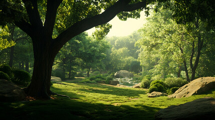 Serene sunlit park landscape; lush greenery, tranquil stream, large trees; ideal for relaxation and nature themes