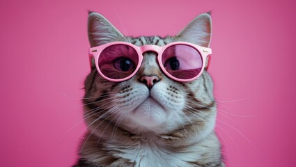 Red cat in rose-tinted glasses looking up on a 4x1 banner. Pink background