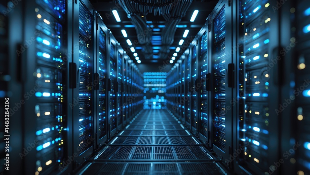 Poster an imposing data center containing server racks