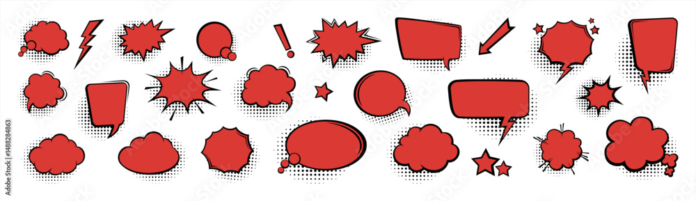 Poster empty red speech bubbles silhouette isolated on white background icon set, vector 10 eps.
