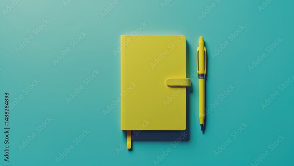 Poster overhead image of a pen and closed notebook on a plain background. clean flat lay of a diary and pen