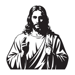 Black Jesus Christ with flowing hair and beard, Vector black silhouette. with white background