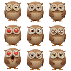 Cartoon owl characters set with various expressions