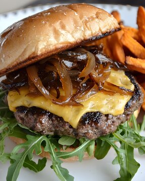 Burger with onions and cheese on top of a bun