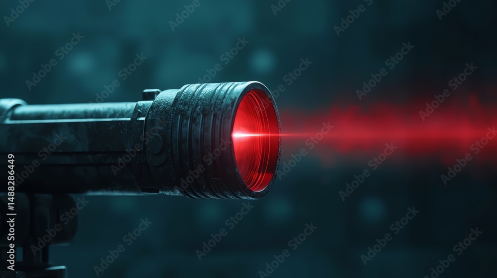 Poster striking red laser light beam projected on deep black background creating an eye-catching and bold v