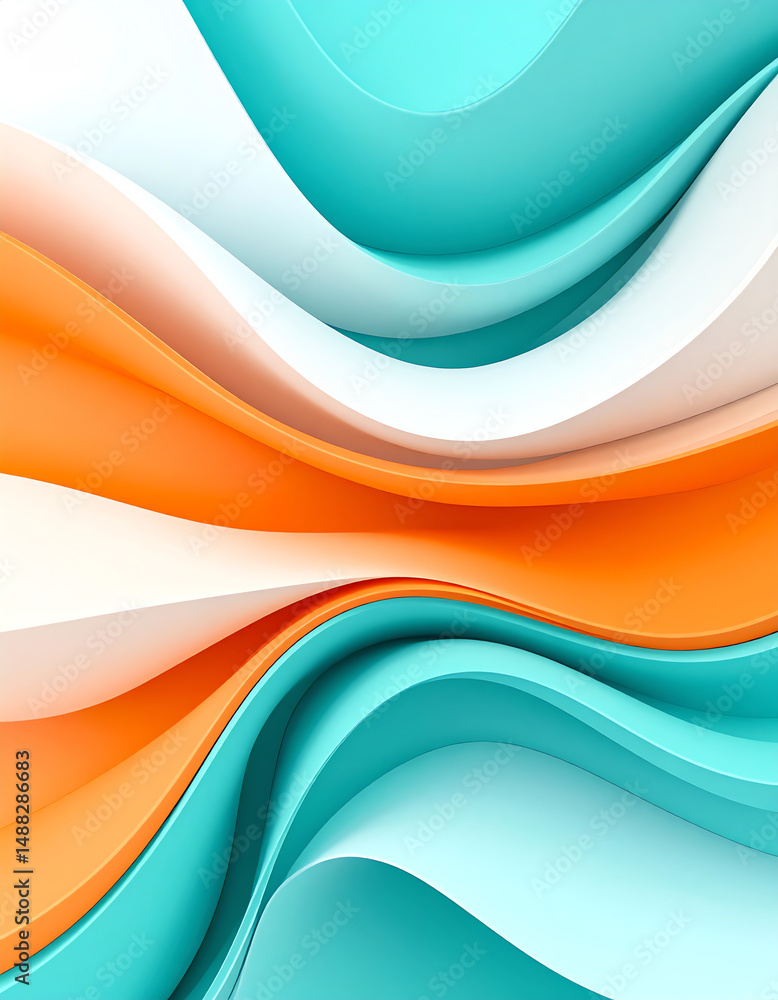 Poster abstract design featuring flowing waves in shades of orange, turquoise, and white, creating a visual