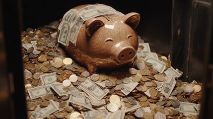 Piggy Bank Overflowing with Wealth: A Fortune in Coins and Bills
