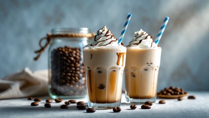 Iced coffee drink in a glass with a jar of coffee beans set against the background. Selective focus and copy space present.