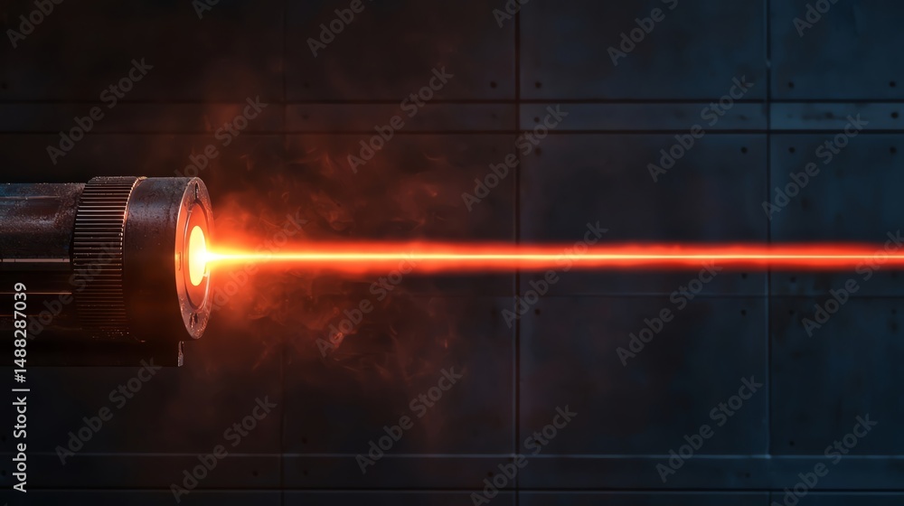 Poster intense focus on a single laser beam emitting light with precision through a dark background creatin