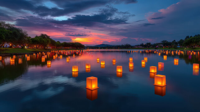 Illuminated paper lanterns float serenely on the calm lake, reflecting the vibrant sunset and dark clouds du the Yi Peng festival in Chiang Mai Thailand. - Powered by Adobe