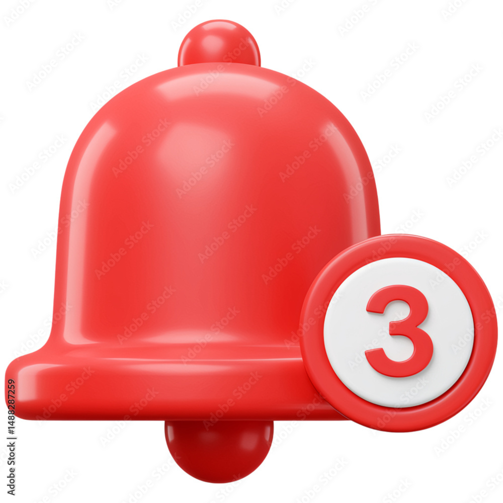 Poster red notification bell with number three isolated on a transparent background