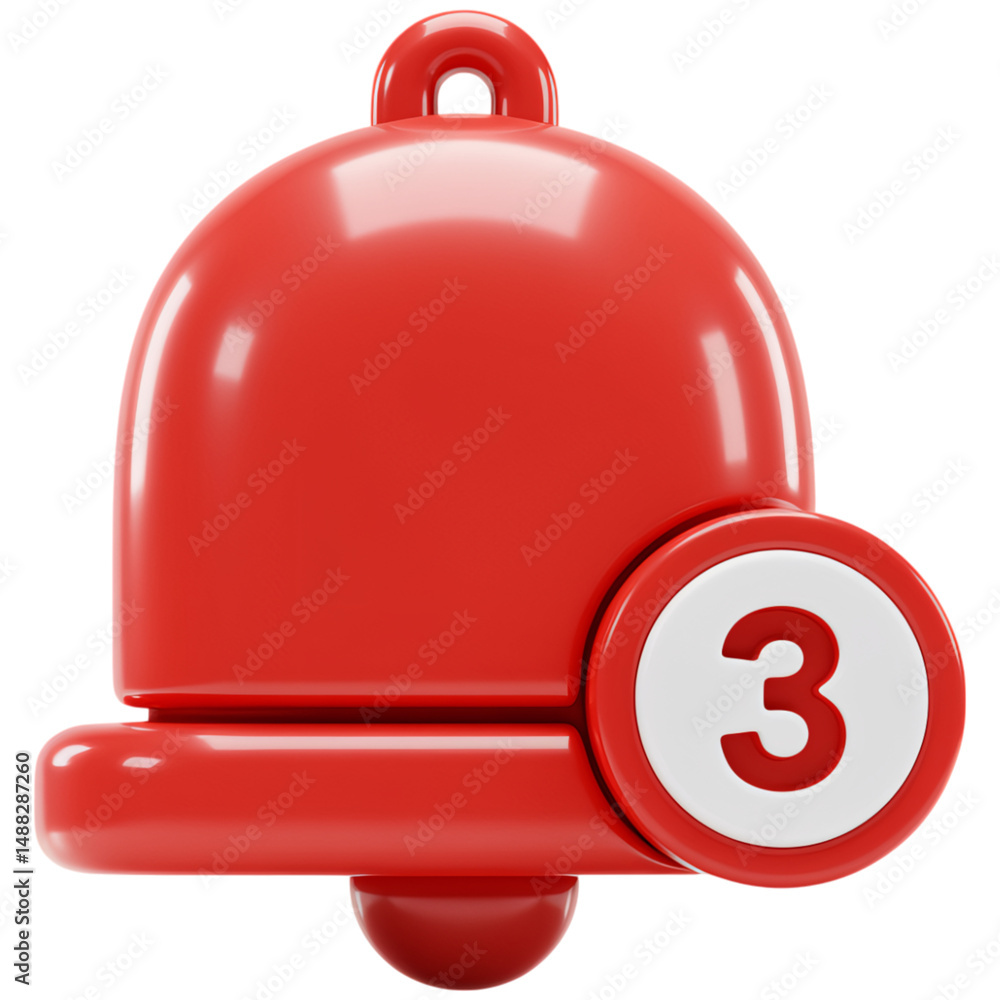 Poster red notification bell with the number three isolated on a transparent background