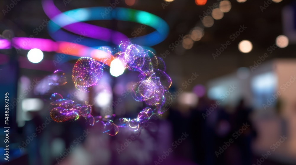 Poster close-up shot of holographic display with colorful simulation effects in a modern exhibition environ