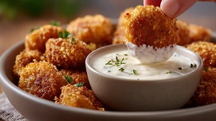 Nuggets being dipped into creamy ranch sauce in slow motion, with crunchy texture emphasized in macro detail