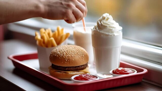 A fast-food meal on a red tray by a diner window: burger, fries, milkshake with whipped cream, ketchup packets neatly arranged