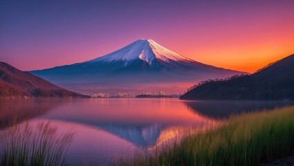 Fototapeta premium Gorgeous Mountains, Mount Fuji, and Kawaguchiko Lake during Sunset