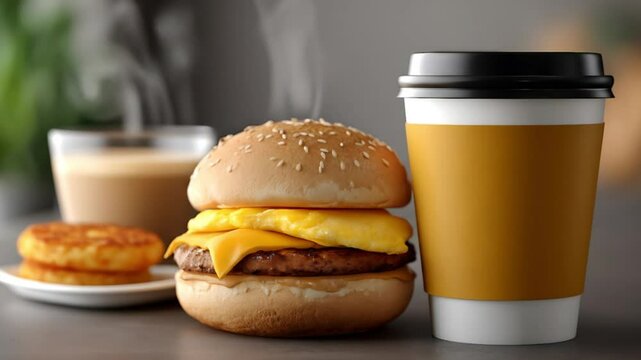 A fast-food breakfast scene with a sausage-egg-cheese muffin, hash browns, and steaming coffee in branded packaging