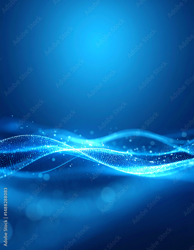 Poster abstract blue waves with sparkling particles create a serene and modern digital background, evoking 