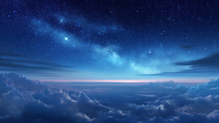 A breathtaking nightscape reveals a vibrant milky way stretching across a cloudy sky above a serene horizon, evoking wonder and the vastness of the universe.
